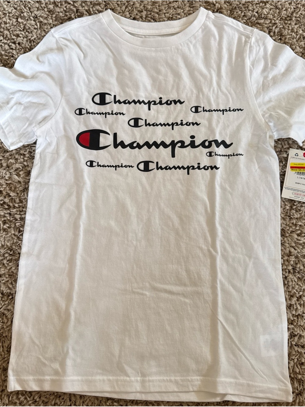 Champion White Graphic Logo Short Sleeve Tee with Black and Red Accents